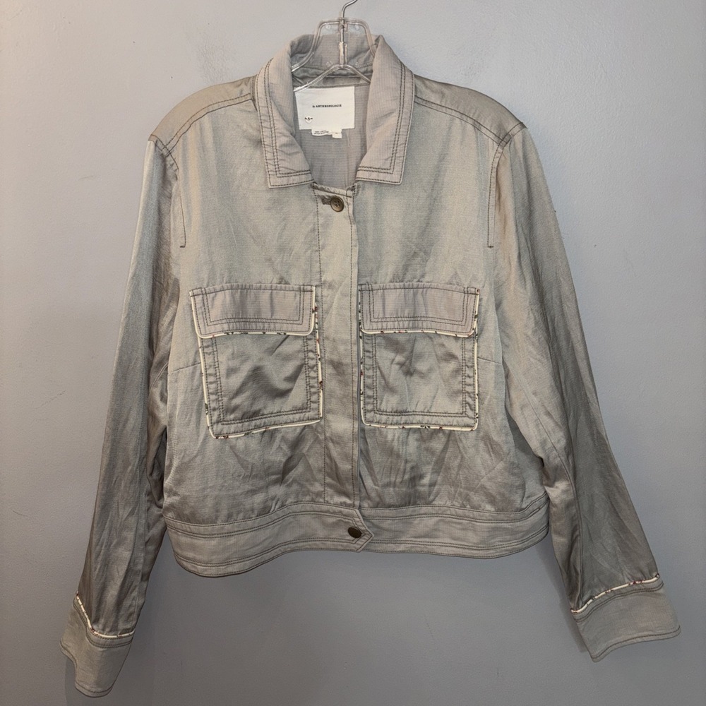 Anthropologie Jacket Green Linen Blend Sateen Cropped Trucker Boho Size XL